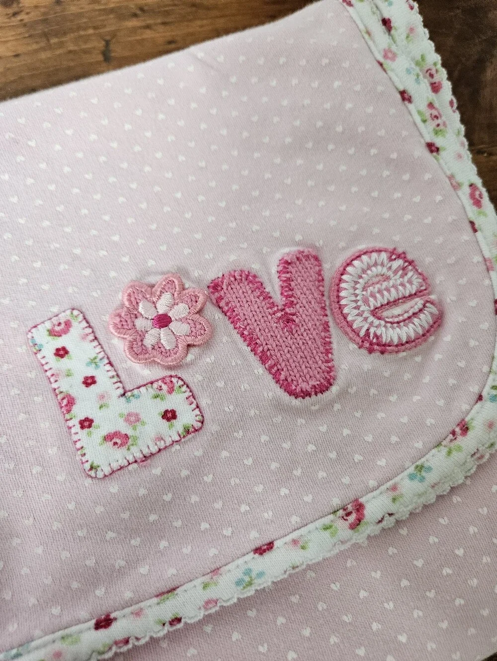 Vintage Carters Cotton Baby Blanket Love Applique Pink With Floral Back